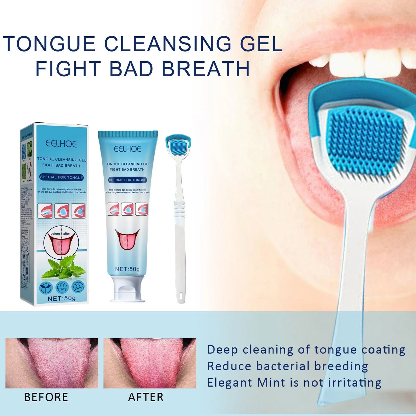 Gel Nettoyant pour la Langue à la Menthe + Brosse Gratte-Langue.